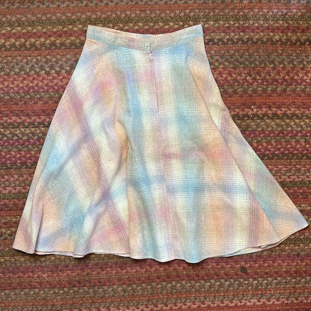 VTG WOOL BLEND PASTEL PLAID MIDI SKIRT FLOWY FLARE - Picture 5 of 5